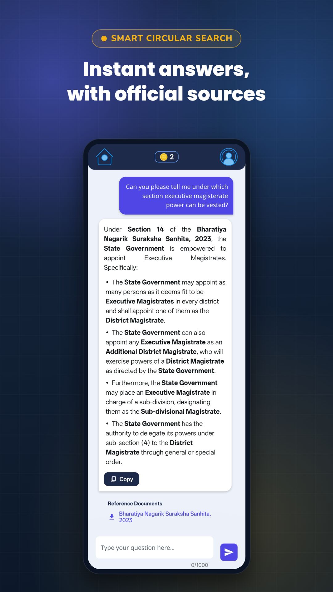 AI answer citing the Bharatiya Nagarik Suraksha Sanhita with source document