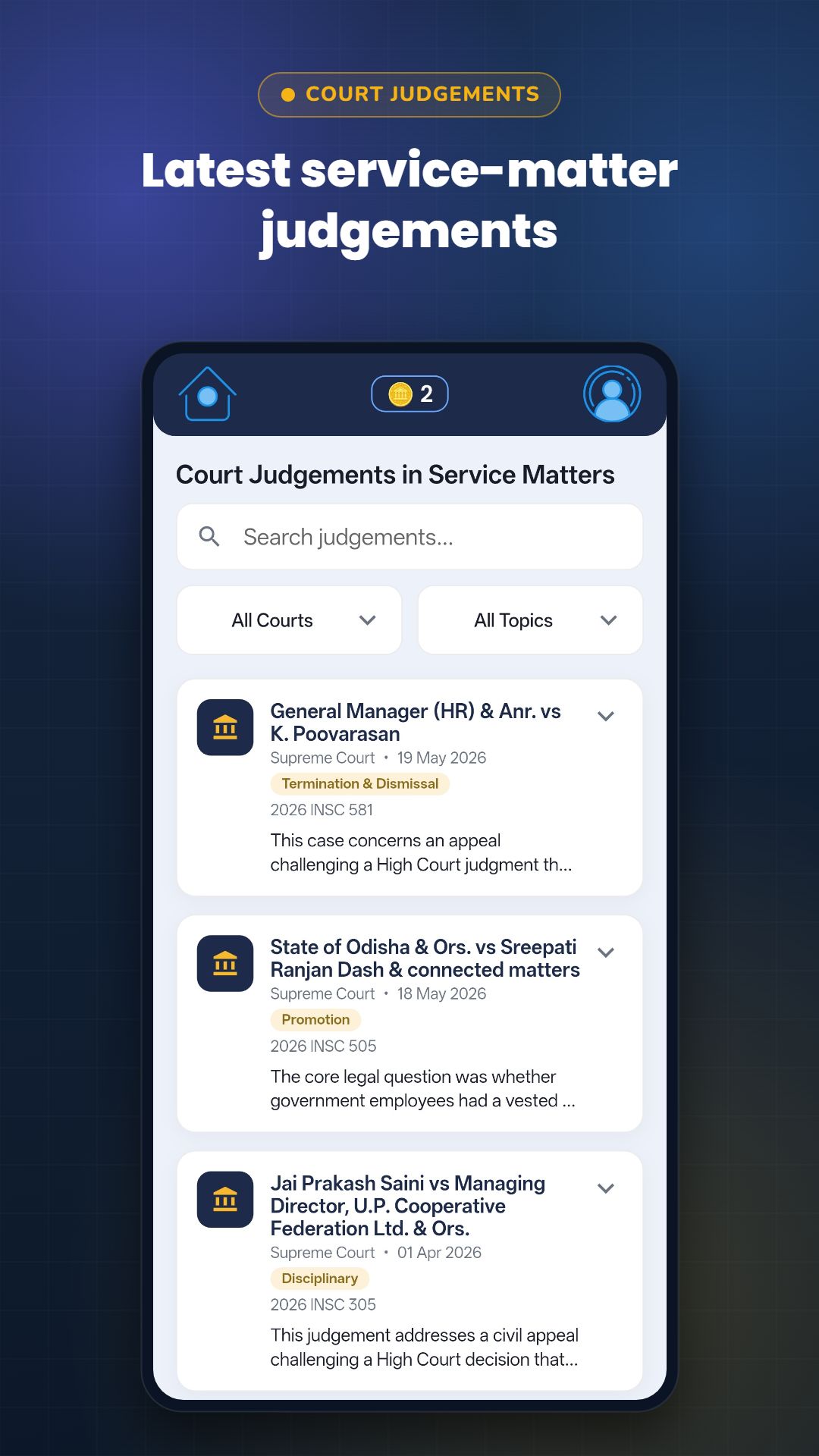 Court judgements in service matters with searchable headnotes