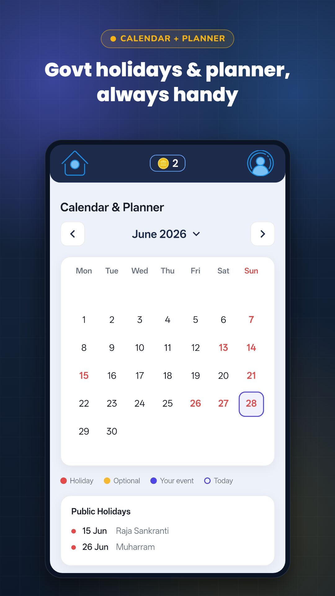 Odisha Government calendar and planner with public holidays