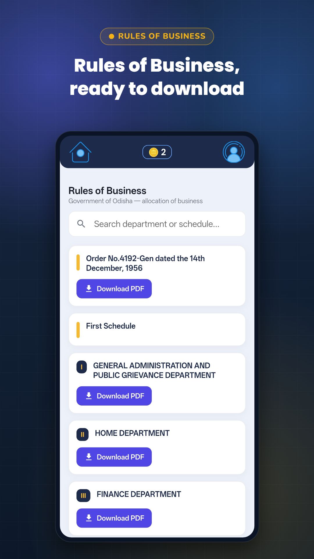 Odisha Government Rules of Business, searchable by department